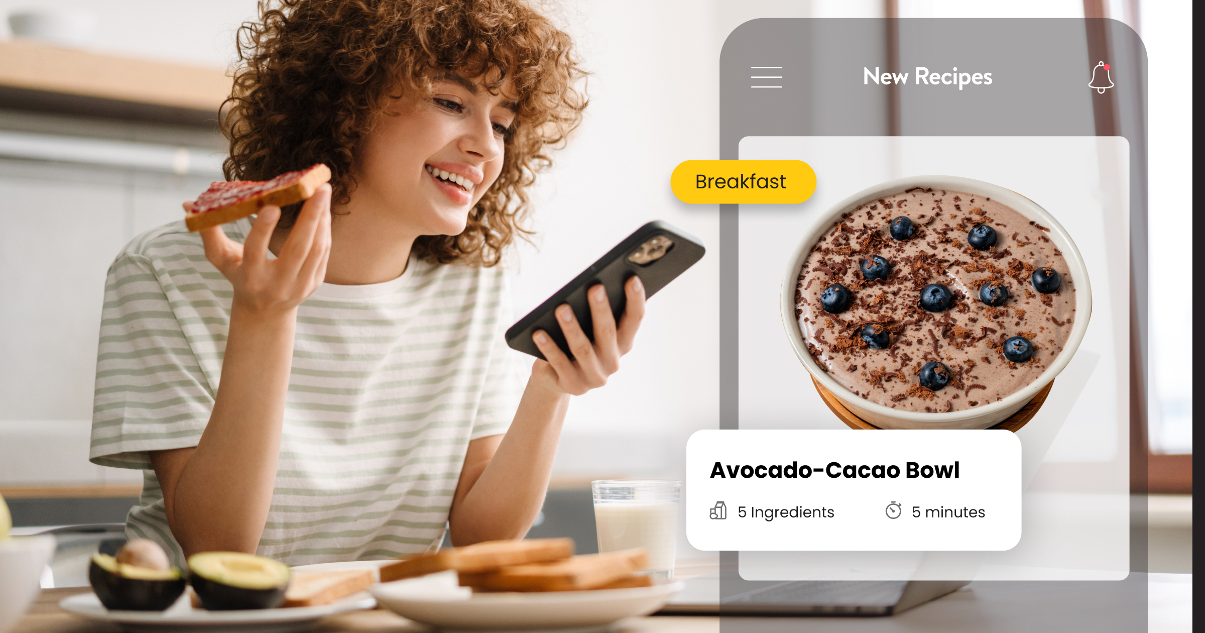 Showcasing new vegan breakfast meal; avocado-cacoa bowl