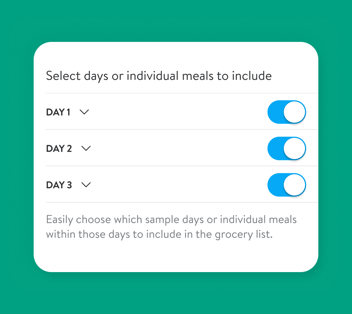 Screenshot of grocery shopping list day toggles
