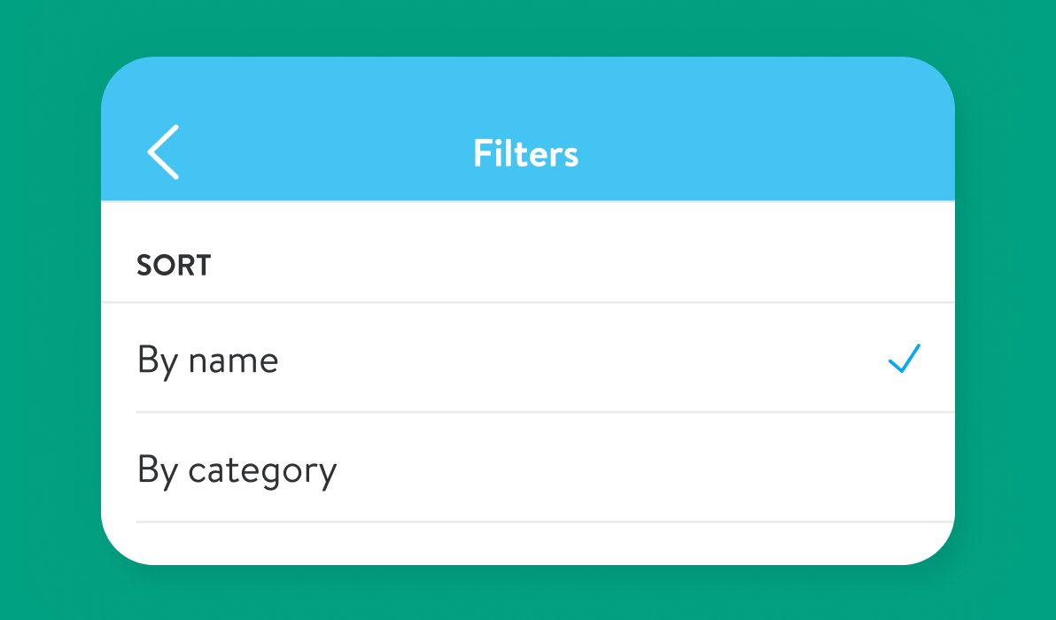 Screenshot of grocery shopping list sorting options